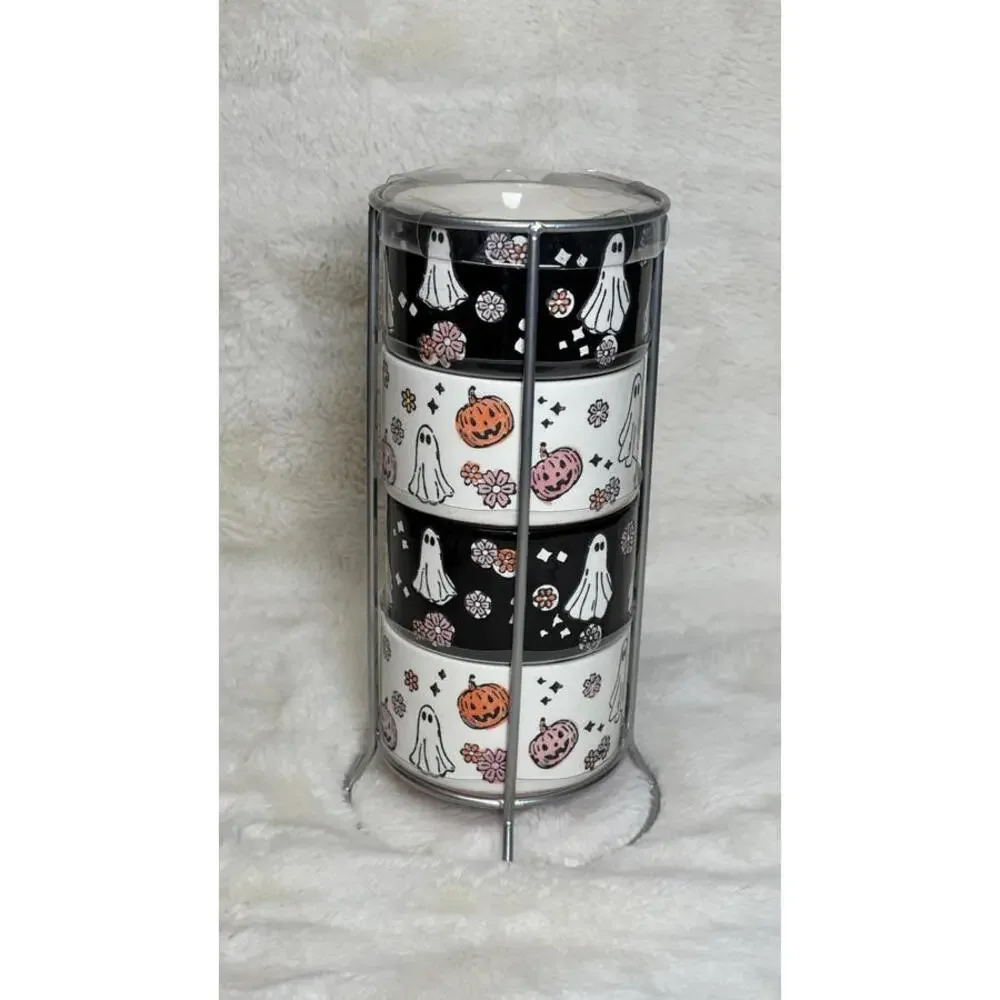 Goblin & Ghoul Ghost & Pumpkin Stacking Mug Set – Coffee Cups with Metal Stand
